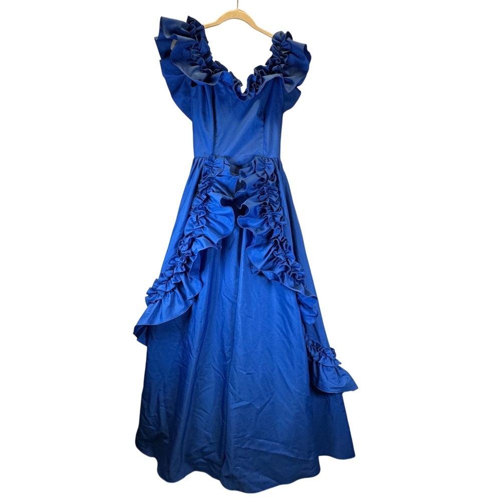 Vintage 80s Royal Blue Ruffle Off Shoulder Gown ILGWU Union Made Size 7
